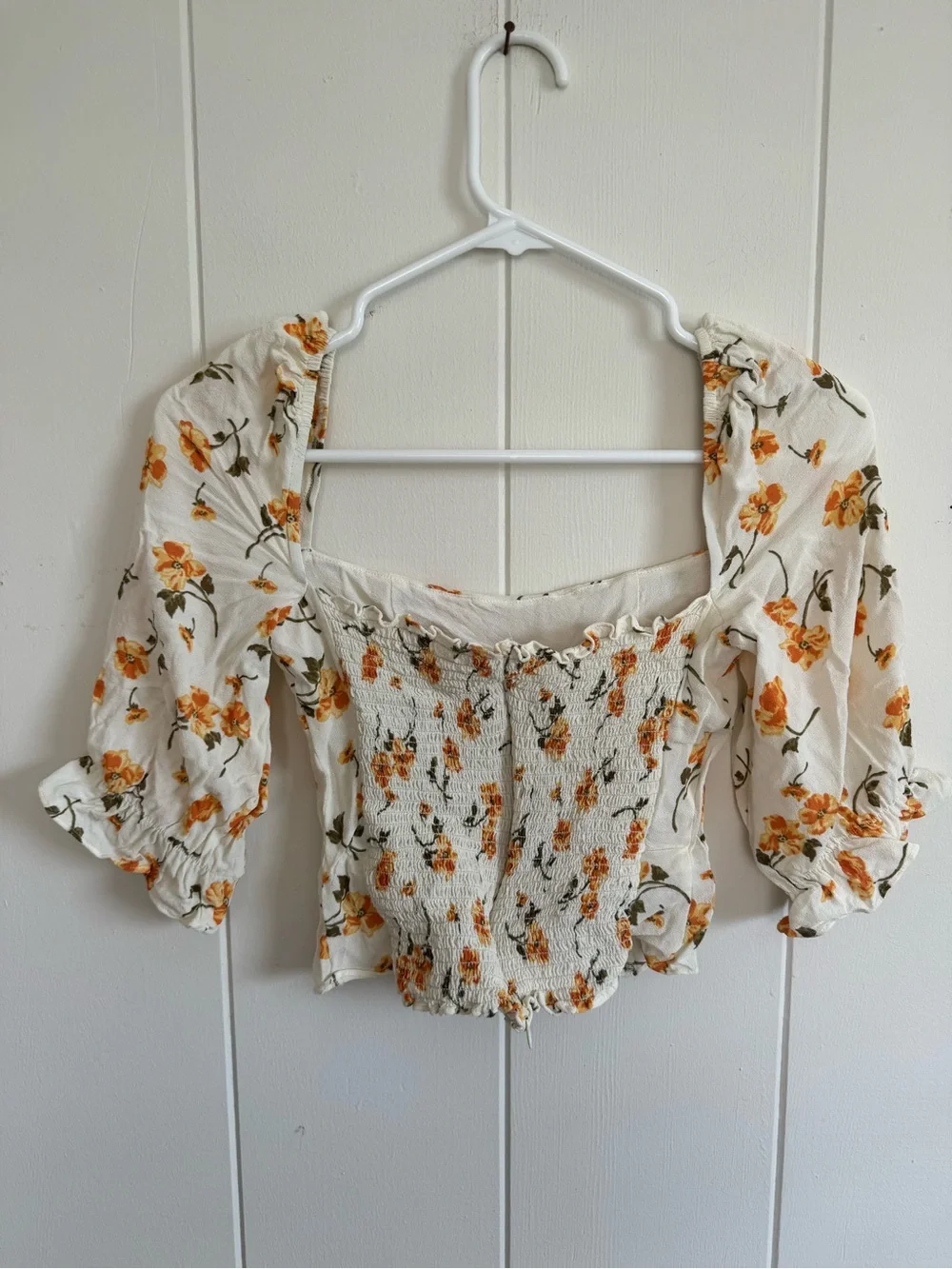 Reformation Cream Square-Neck Puff Sleeve Floral Top 0